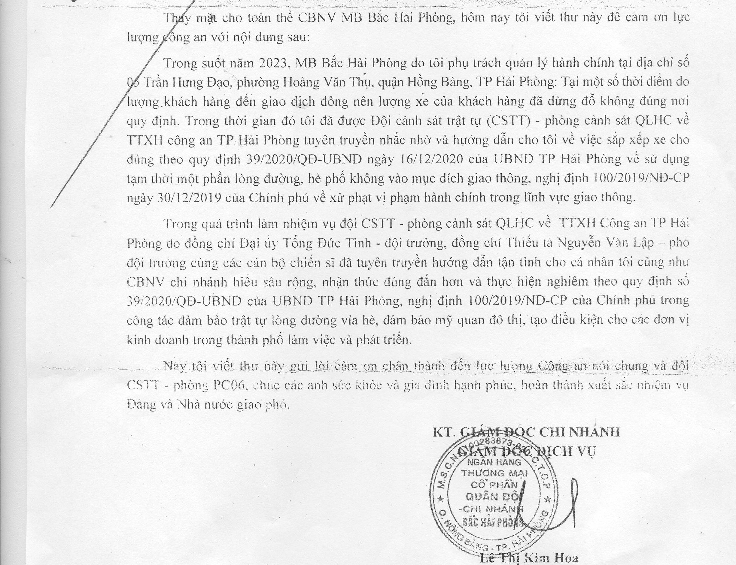 Ngân hàng TMCP Quân đội - Chi nhánh Bắc Hải Phòng gửi thư cảm ơn 